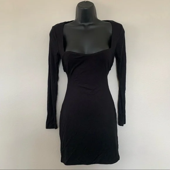 Princess Polly Black Long Sleeve Square Neck Tie Cut Out Back Mini Dress - Picture 3 of 11